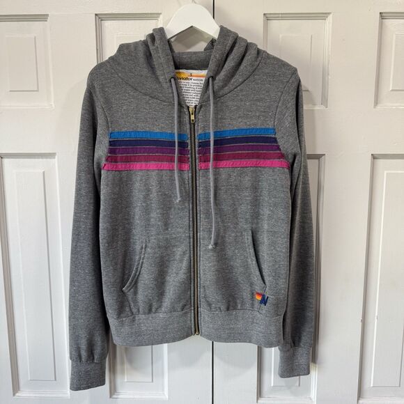 Aviator Nation Gray Hoodie Rainbow 5 Stripe Full Zip Small Sweater PRISTINE - Picture 2 of 9